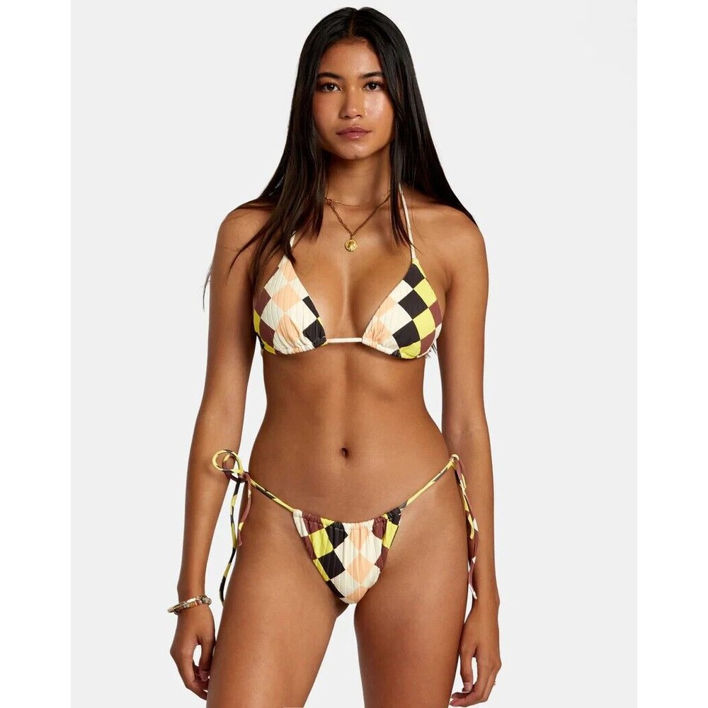 RVCA Greenpacha Breeze Slide Tie Bikini Bottom XS Brown Retro Print Swim New